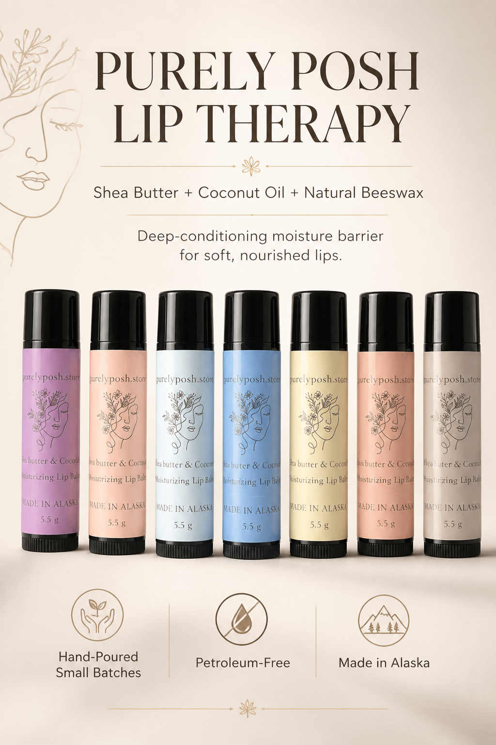 Purely Posh Organic Lip Therapy Set | 7-Piece Handcrafted Alaskan Gift Box