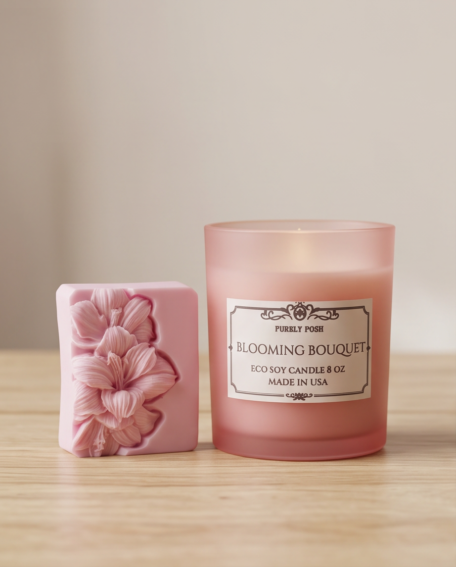 3D Floral Eco Soy Wax Candle – Frosted Jar 8 Oz & Aroma Soap 3 oz Botanical Lip Therapy 5.5g Gift Box