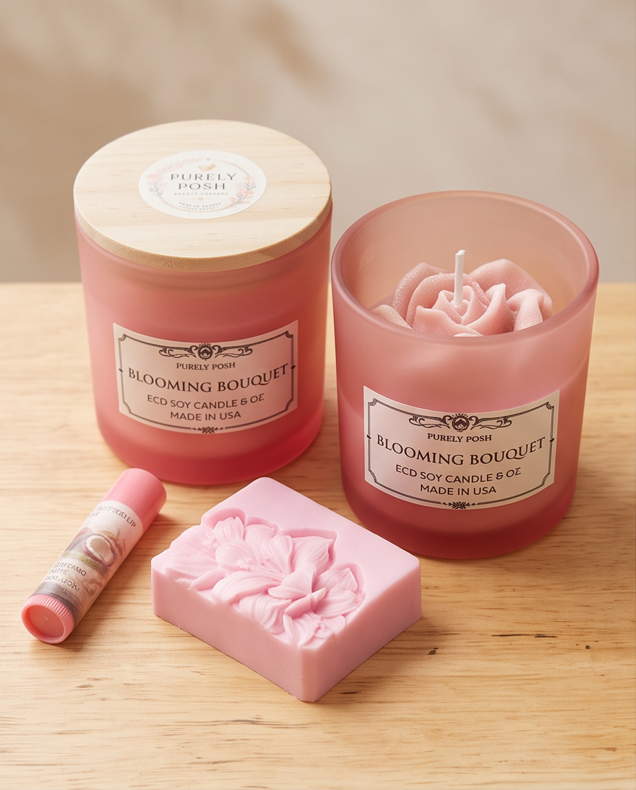 3D Floral Eco Soy Wax Candle – Frosted Jar 8 Oz & Aroma Soap 3 oz Botanical Lip Therapy 5.5g Gift Box