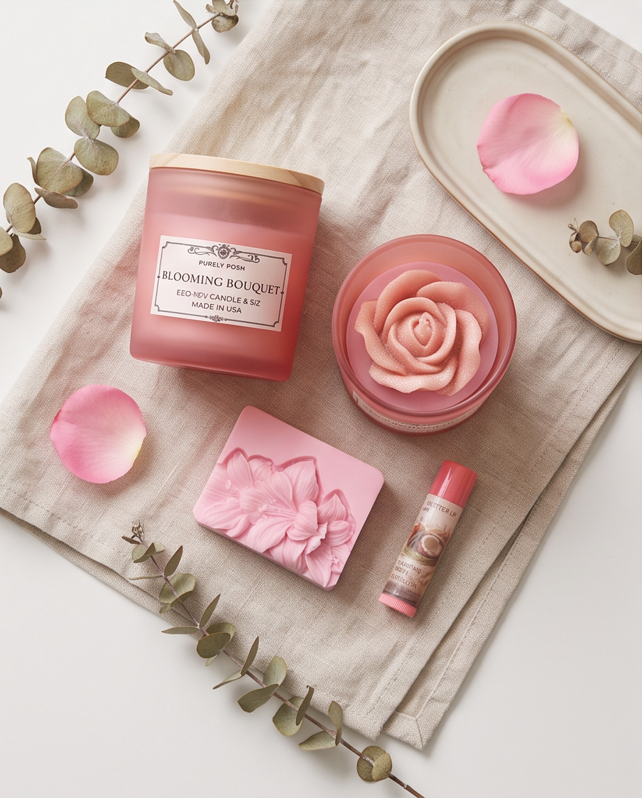 3D Floral Eco Soy Wax Candle – Frosted Jar 8 Oz & Aroma Soap 3 oz Botanical Lip Therapy 5.5g Gift Box