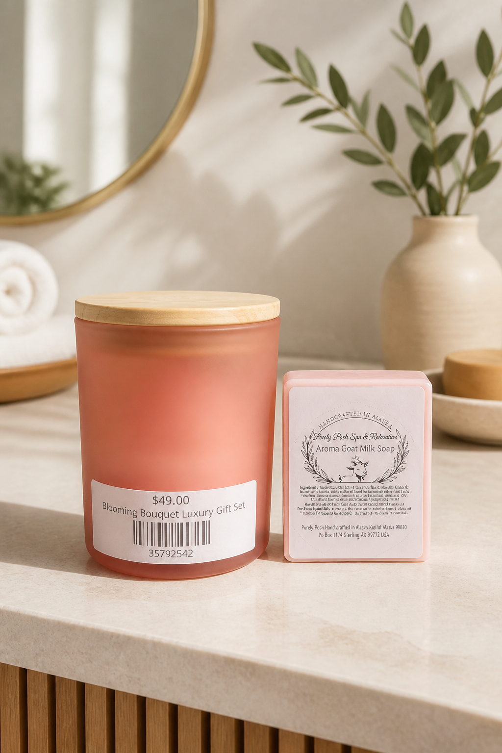 3D Floral Eco Soy Wax Candle – Frosted Jar 8 Oz & Aroma Soap 3 oz Botanical Lip Therapy 5.5g Gift Box