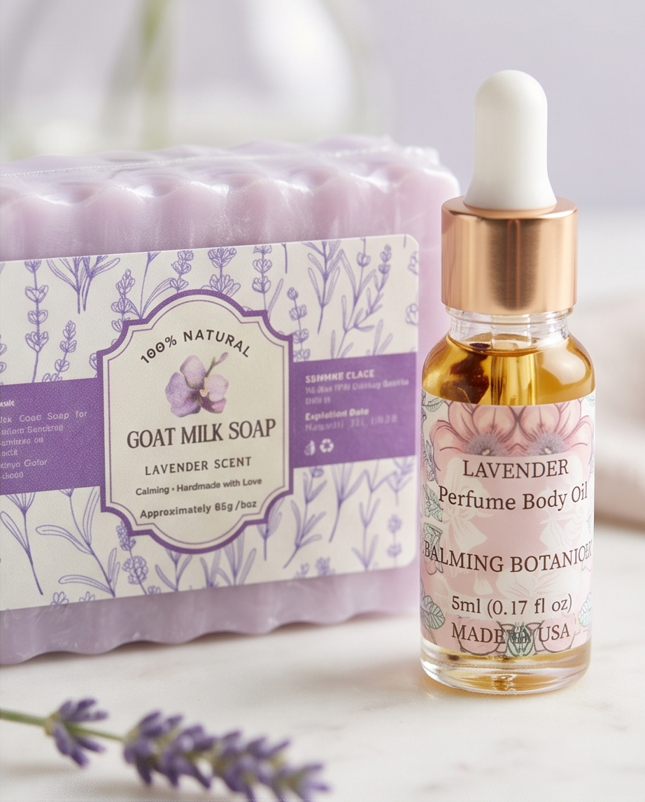 Purely Posh 3 pcs Lavender Botanical Spa Set Perfume Oil Goat Milk Soap Lip Balm