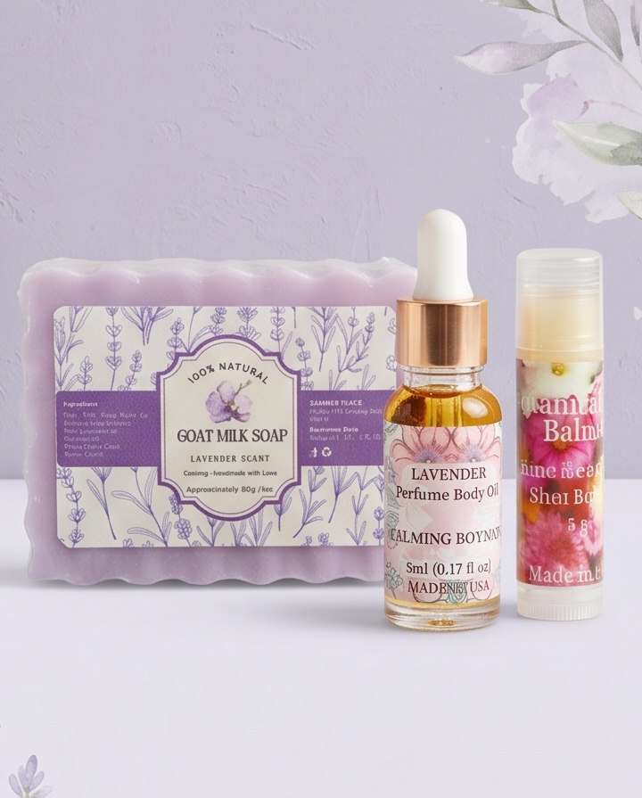 Purely Posh 3 pcs Lavender Botanical Spa Set Perfume Oil Goat Milk Soap Lip Balm